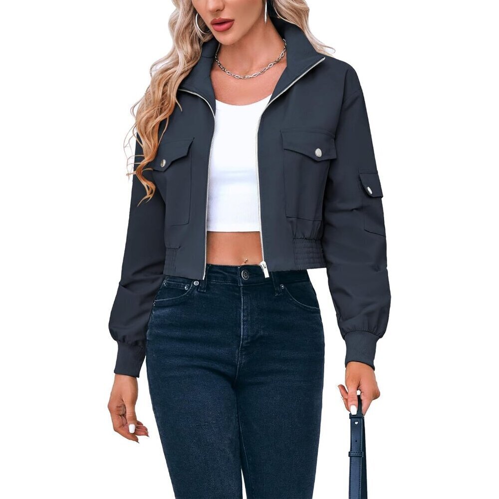 Women's Cropped Lightweight Bomber Jacket with Pockets Stand Collar Small